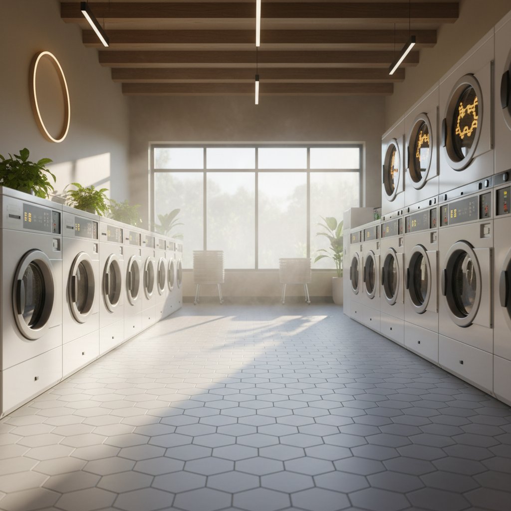 Modern laundry facility with commercial washing machines and folding area in London